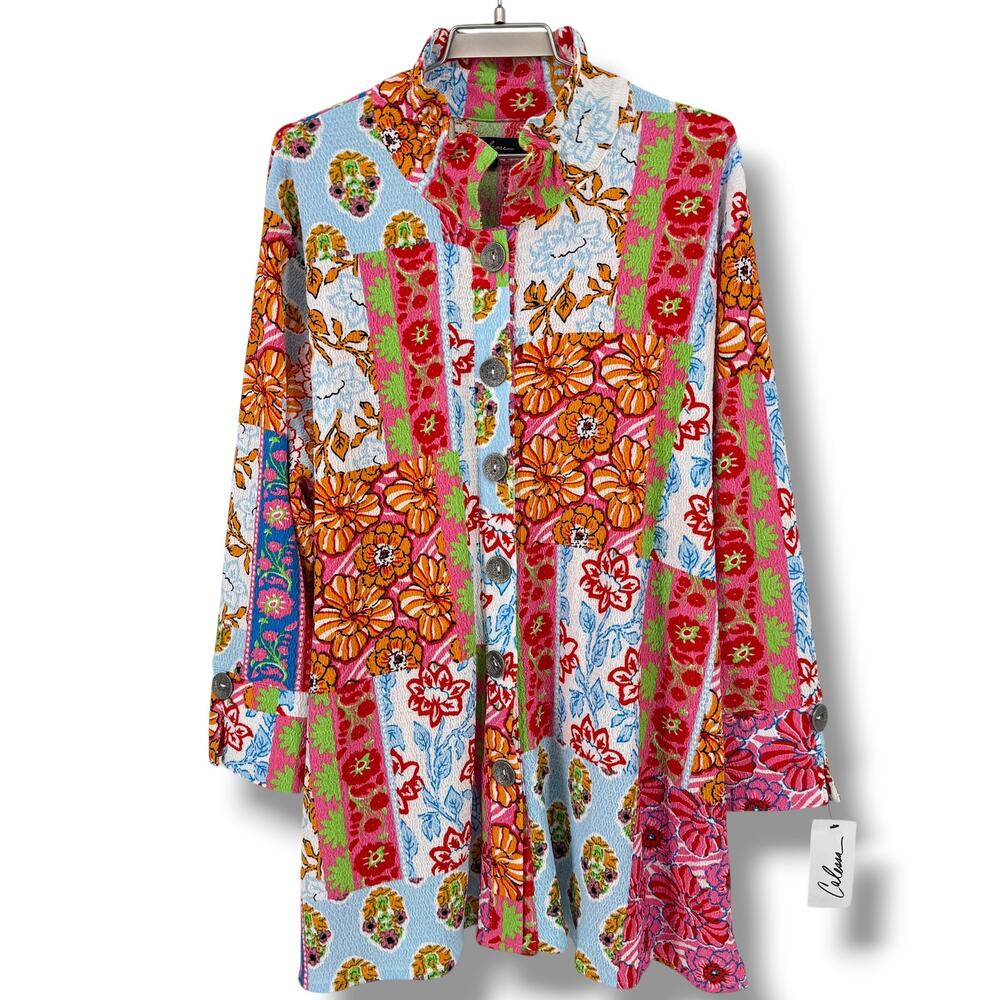 Calessa Patchwork Floral Print Shirt Jacket Plus Sz 1X Textured Wire Collar